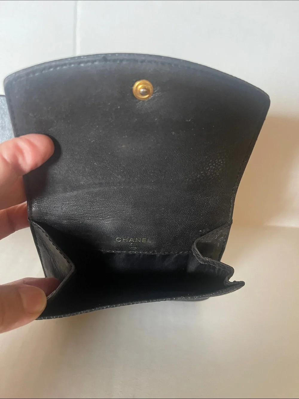 CHANEL Black Quilted Caviar Leather Compact Wallet with CC Logo